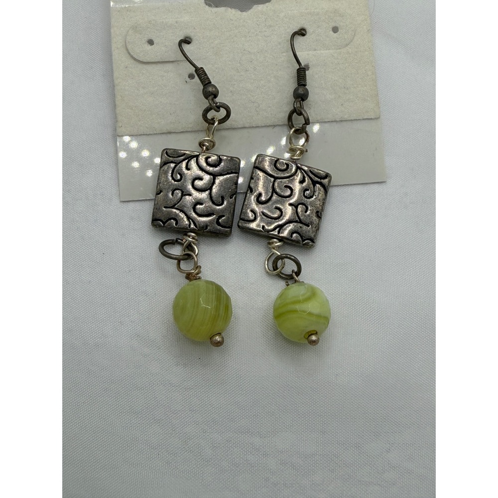 Artisan Silver-Tone Scroll Square Dangle Earrings with Lime Green Swirl Beads